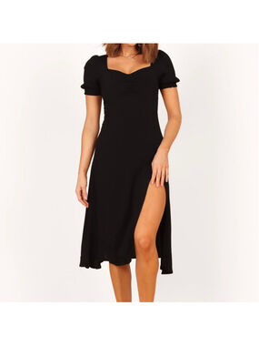 Black Midi Dress with Sweetheart Neckline and Side Slit